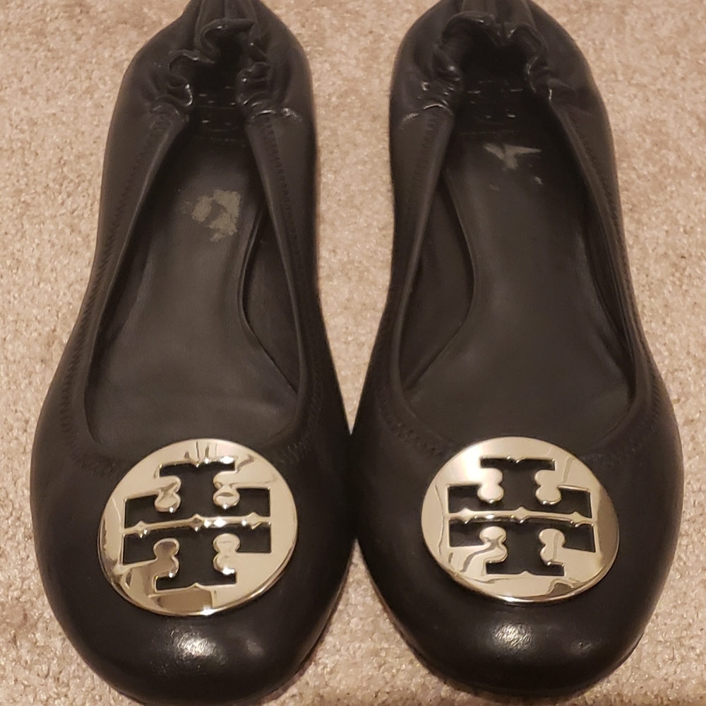 Tory Burch Reva Black Leather Ballet Flats Size 12